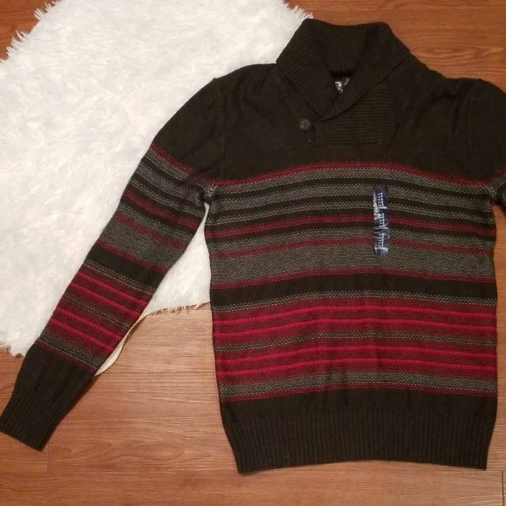 GAP Mens Small Shawl Neck Sweater Striped Red Gray
